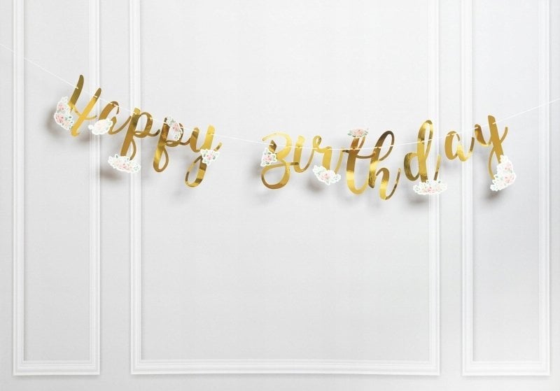 Teka Baner Happy Birthday z kwiatami złoty