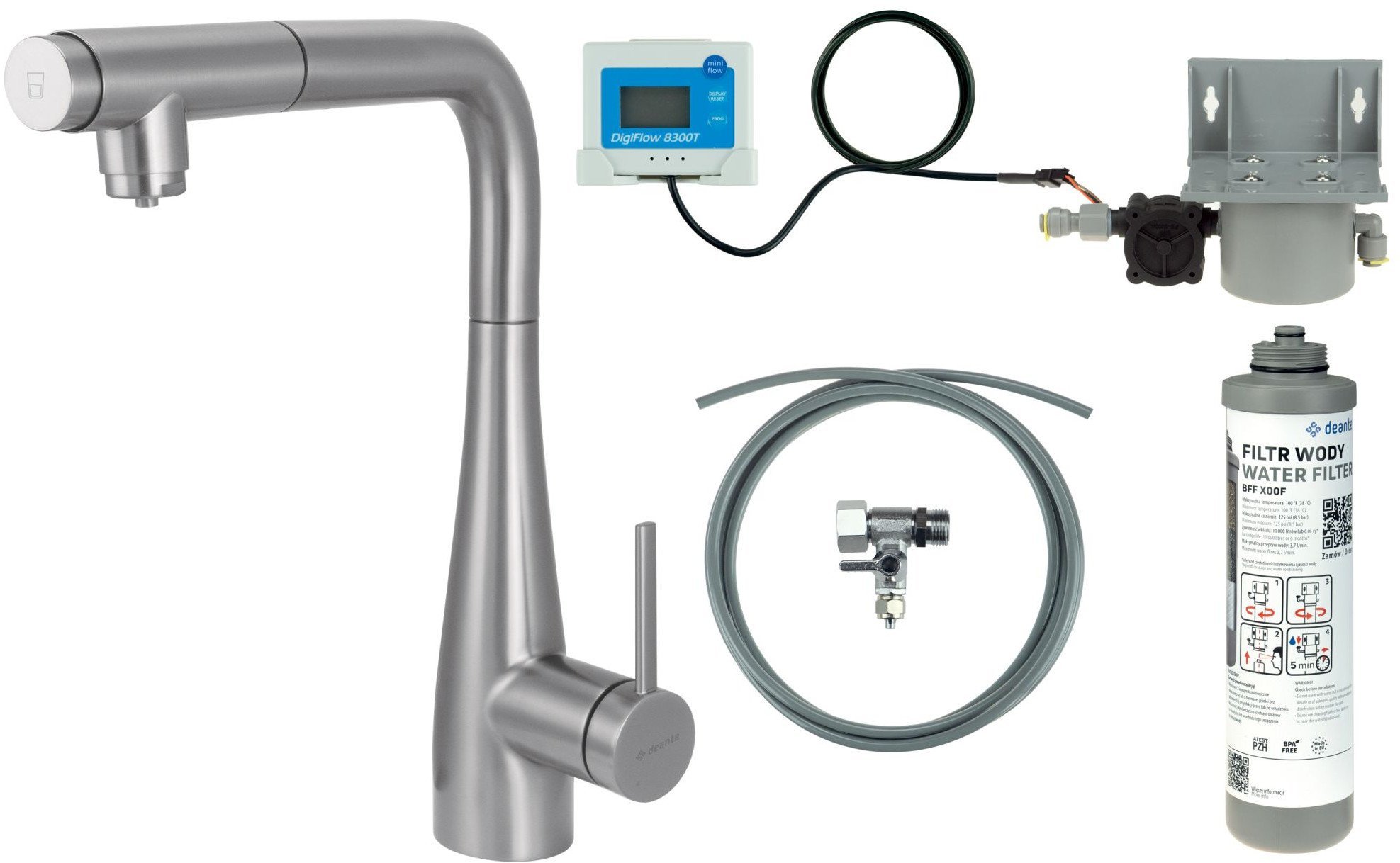 Deante Bateria kuchenna z zestawem do filtracji wody z wyciąganą wylewką