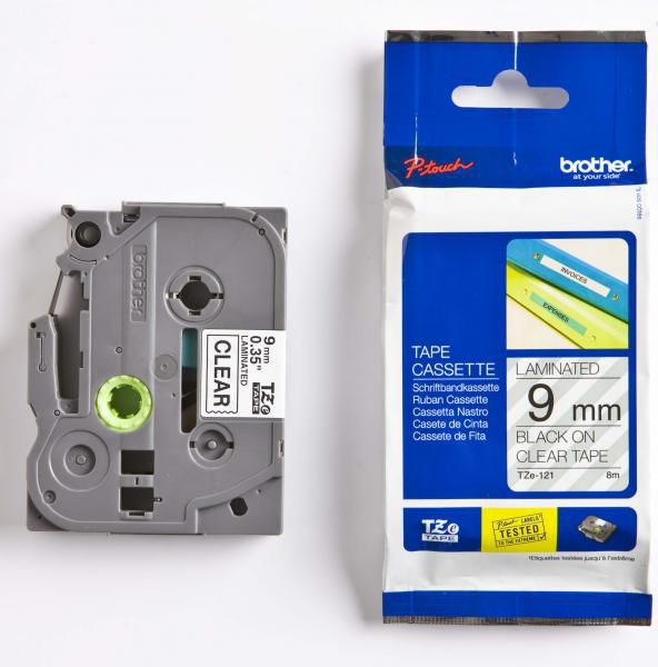 Brother Taśma do drukarek etykiet czarny druk / przezroczysty podkład laminowane 9mm x 8m (TZE121)