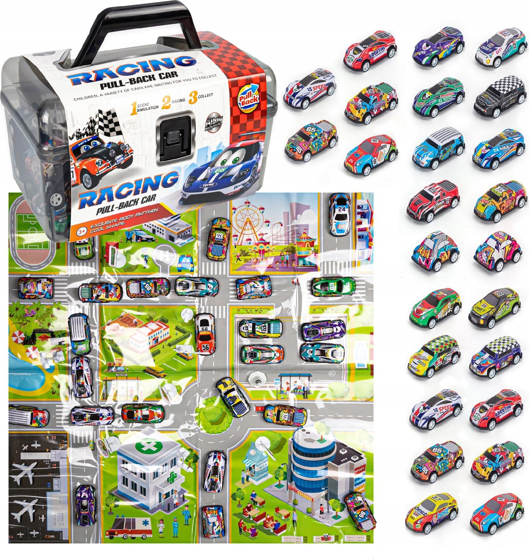 Duży Zestaw Samochodzików Resoraki 25 Szt. + Mapa