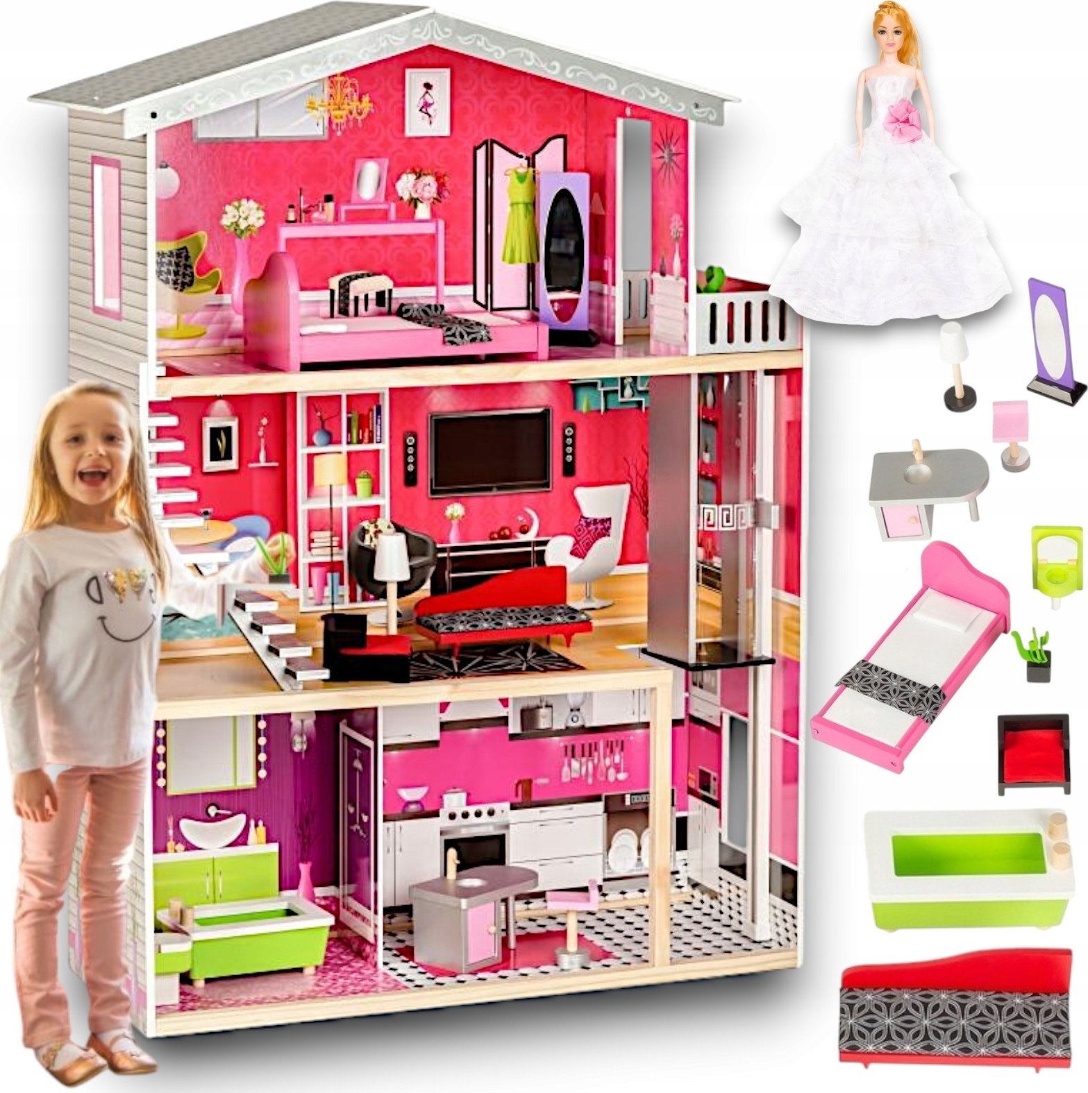 Drewniany Domek Dla Lalek 115cm + Winda + Mebelki + Lalka