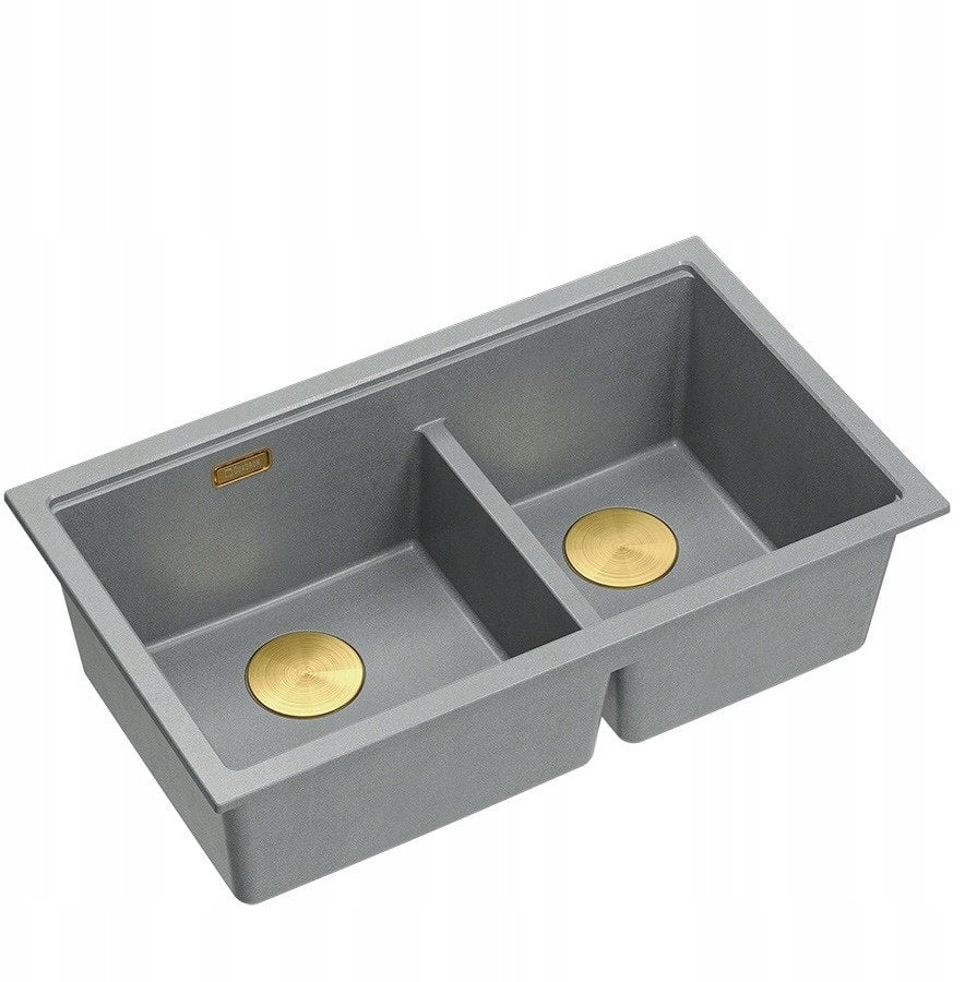QUADRON | LOGAN 120 | granitowy zlewozmywak kuchenny SILVER STONE + ZŁOTO PVD | wymiar: 76 x 45 x 23,5 cm | 2-komorowy podwieszany| podbudowa szafki o