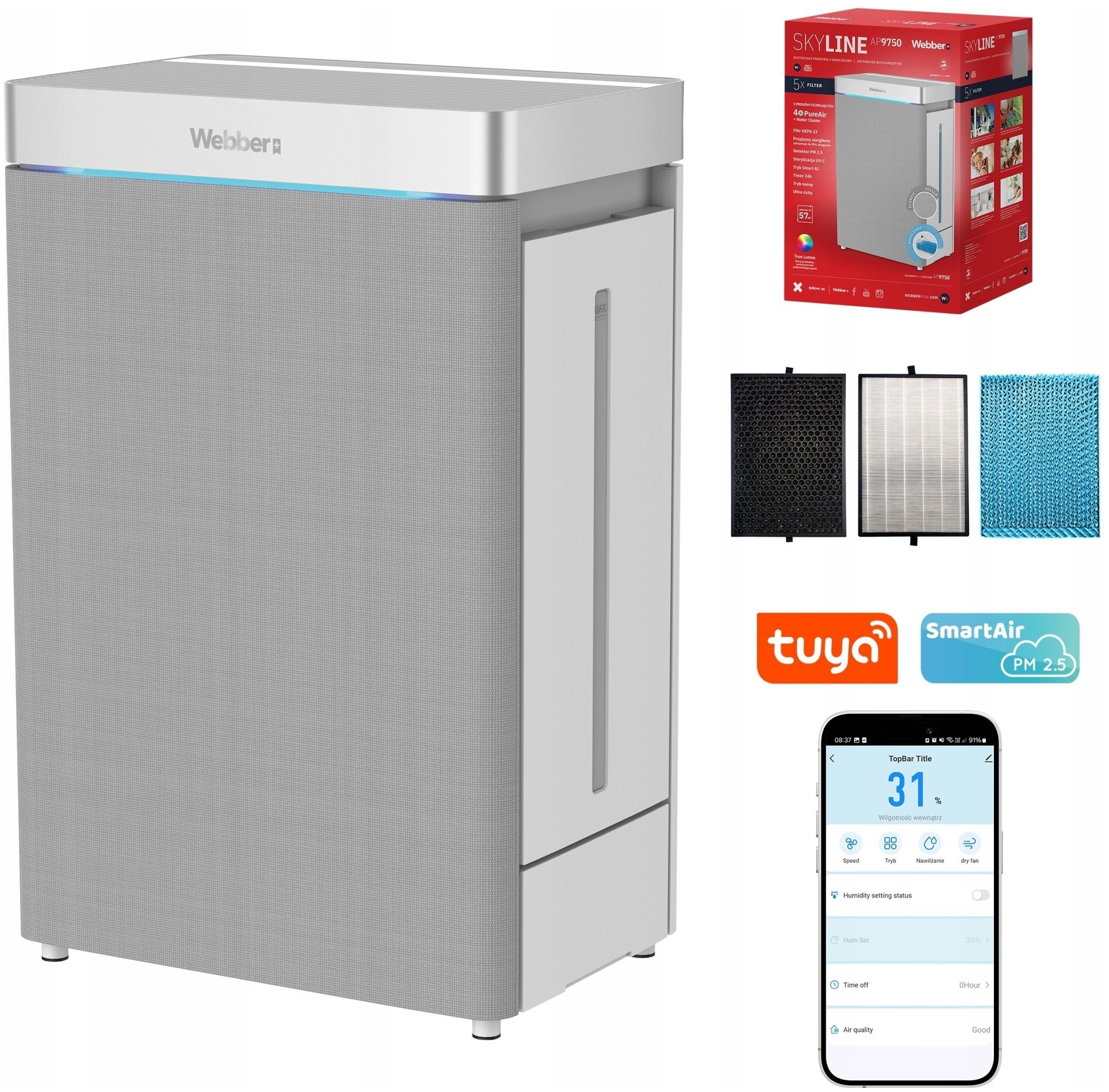 Oczyszczacz powietrza nawilżacz Webber AP9750 SMART AI WIFI 100W 57m