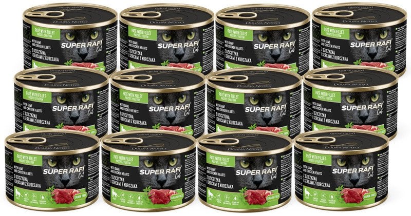 Karma mokra dla kotów Super Rafi Cat z dziczyzną i sercami z kurczaka zestaw 12 x 185 g