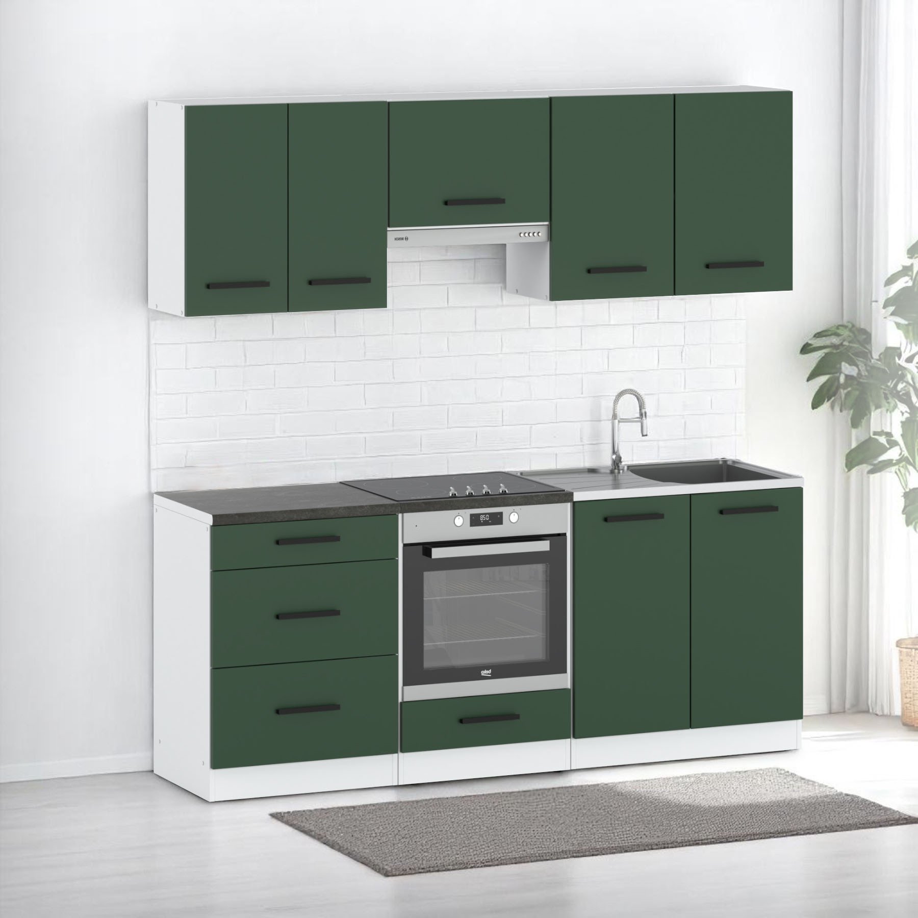 Meble Kuchenne Z Blatem Pojemne Małe 2.0m Modułowe Biały Butelkowa Zieleń