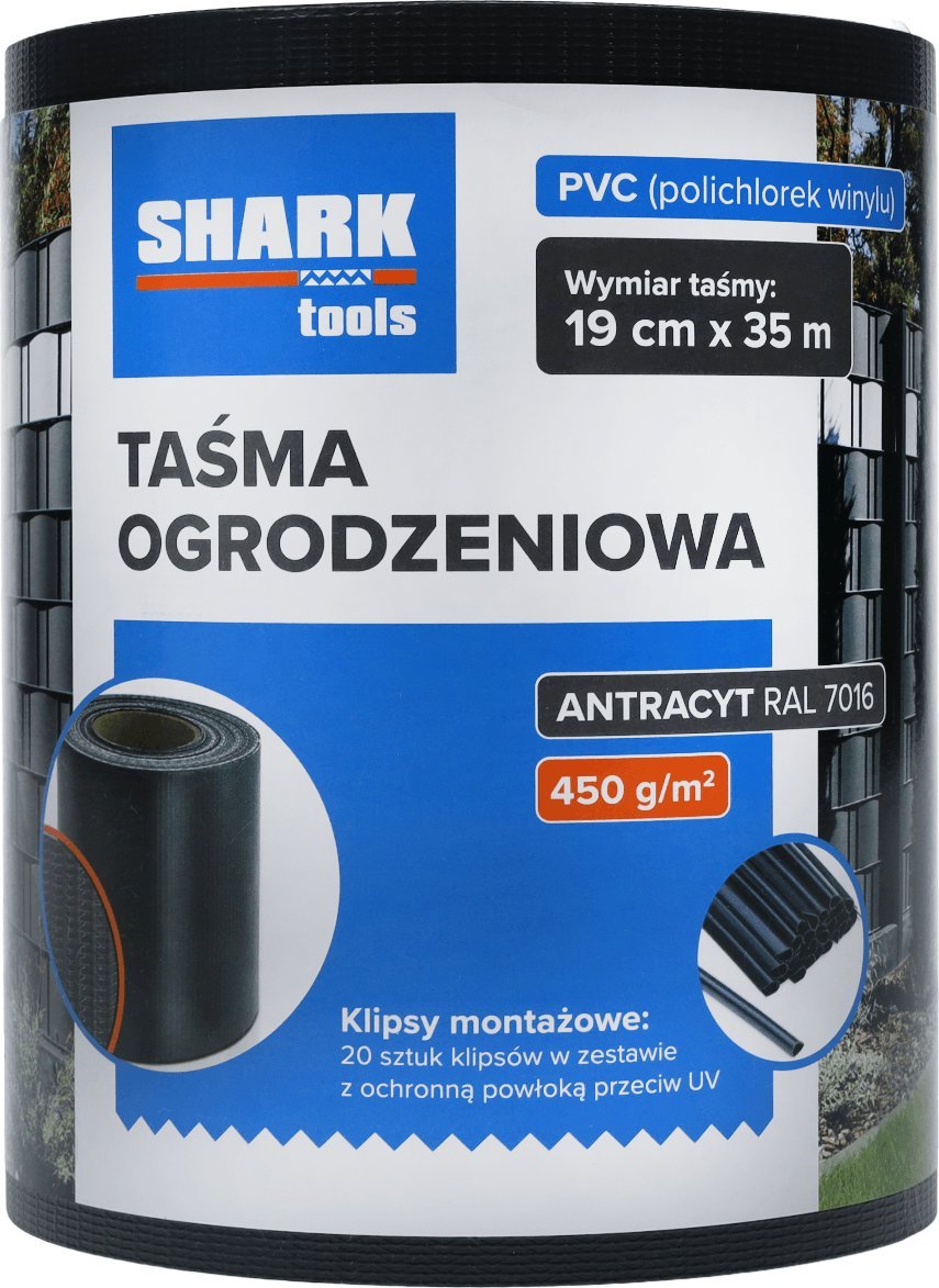 Taśma ogrodzeniowa 19cm x 35m Shark Tools + 20 sztuk klipsów - antracytowa