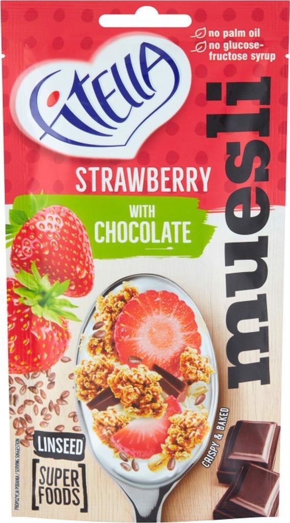 Fitella Fitella Musli chrupkie truskawkowe z siemieniem lnianym i kawałkami czekolady 50 g