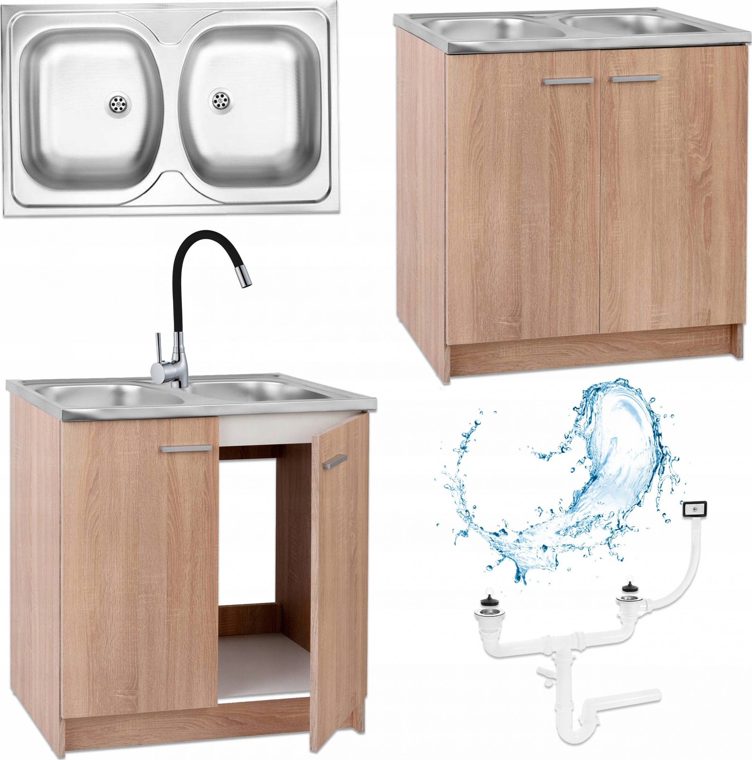 Stamar Szafka Kuchenna Dąb Sonoma 80 Zlew 2 Komory Bateria Czarna Elastyczna Syfon