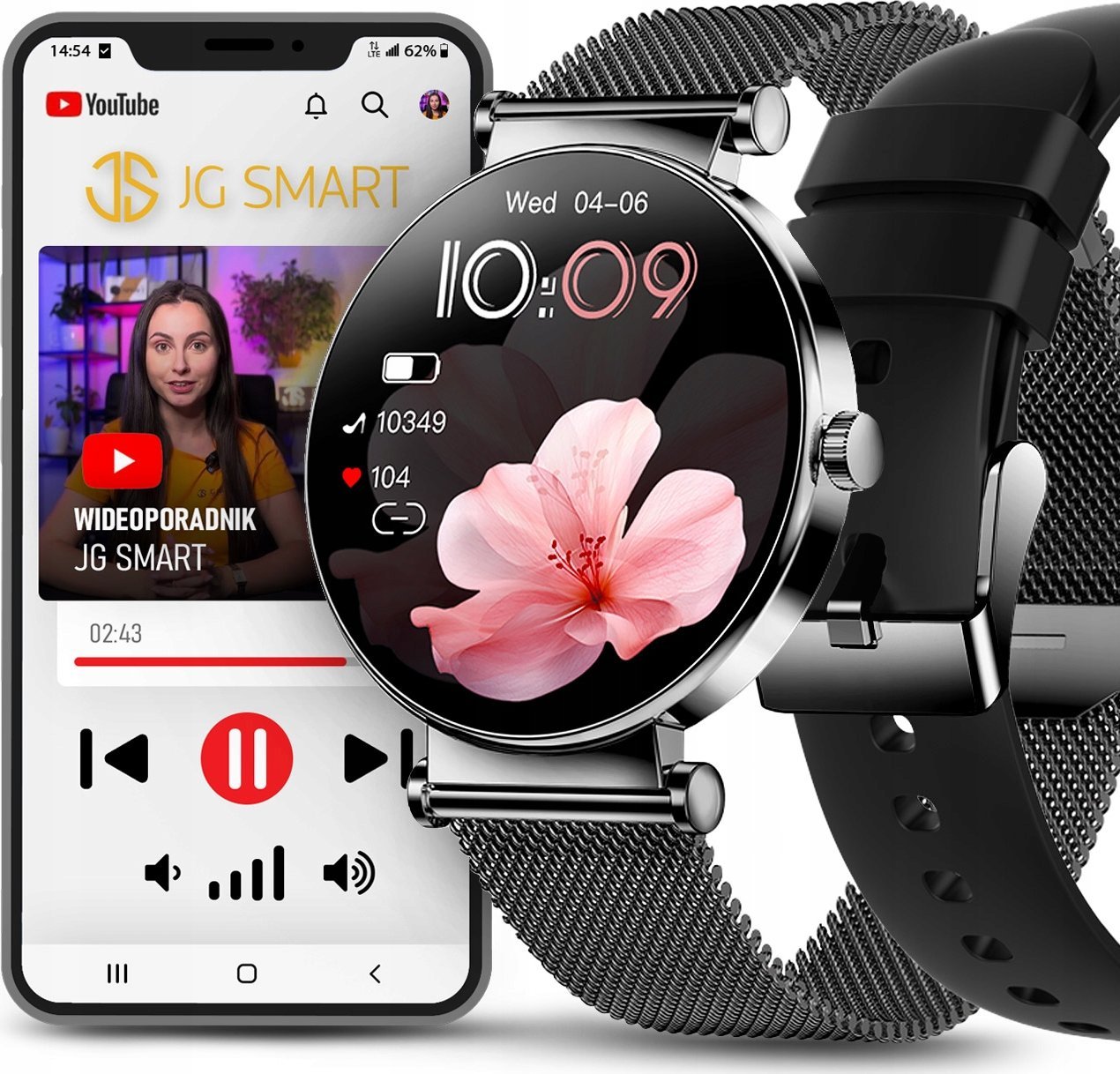 SMARTWATCH DAMSKI AMOLED ROZMOWY MENU PL KOLORY + 2 PASKI + WIDEOPORADNIK