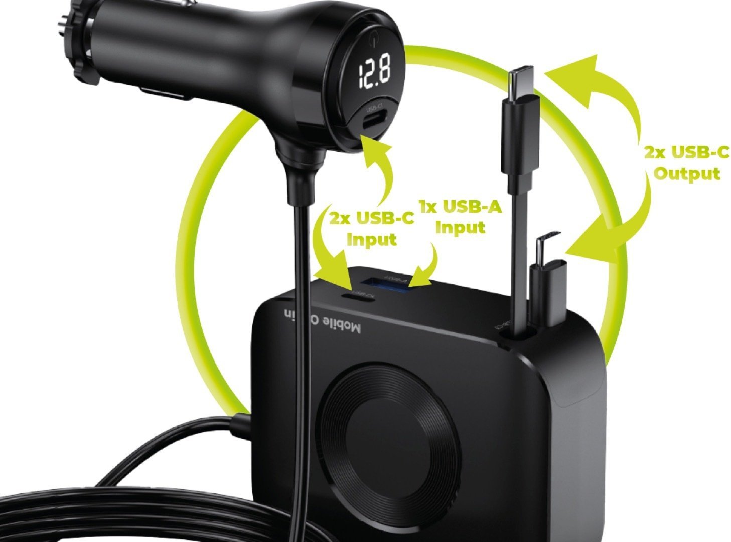 Mobile Origin 75W 5in1 Car Charger CA23 - 2x USB-C + USB-A Port, 2x USB-C Cable