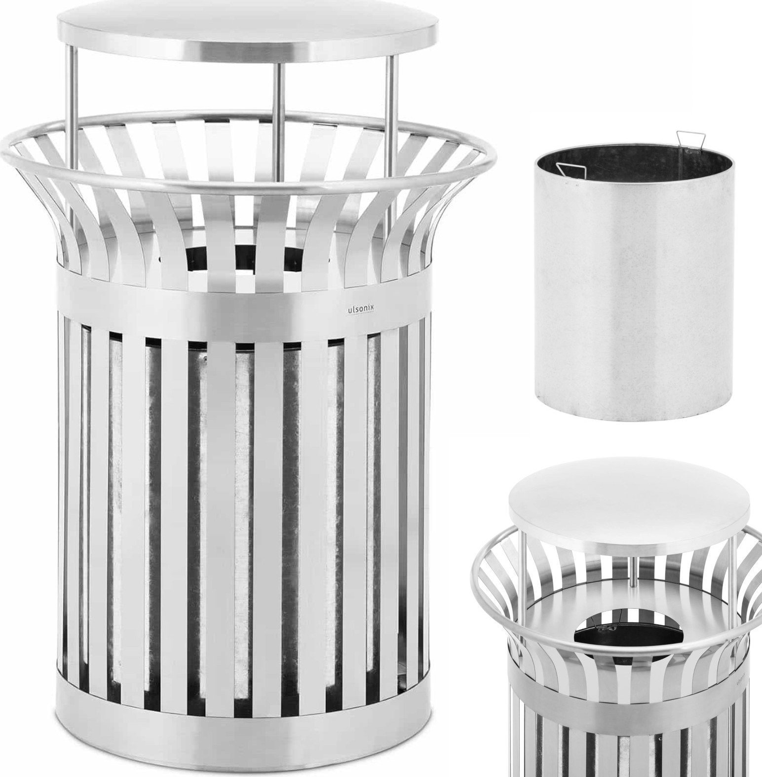 Ulsonix Kosz na odpady śmieci miejski zewnętrzny okrągły z daszkiem 23 l STAL srebrny Kosz na odpady śmieci miejski zewnętrzny okrągły z daszkiem 23 l