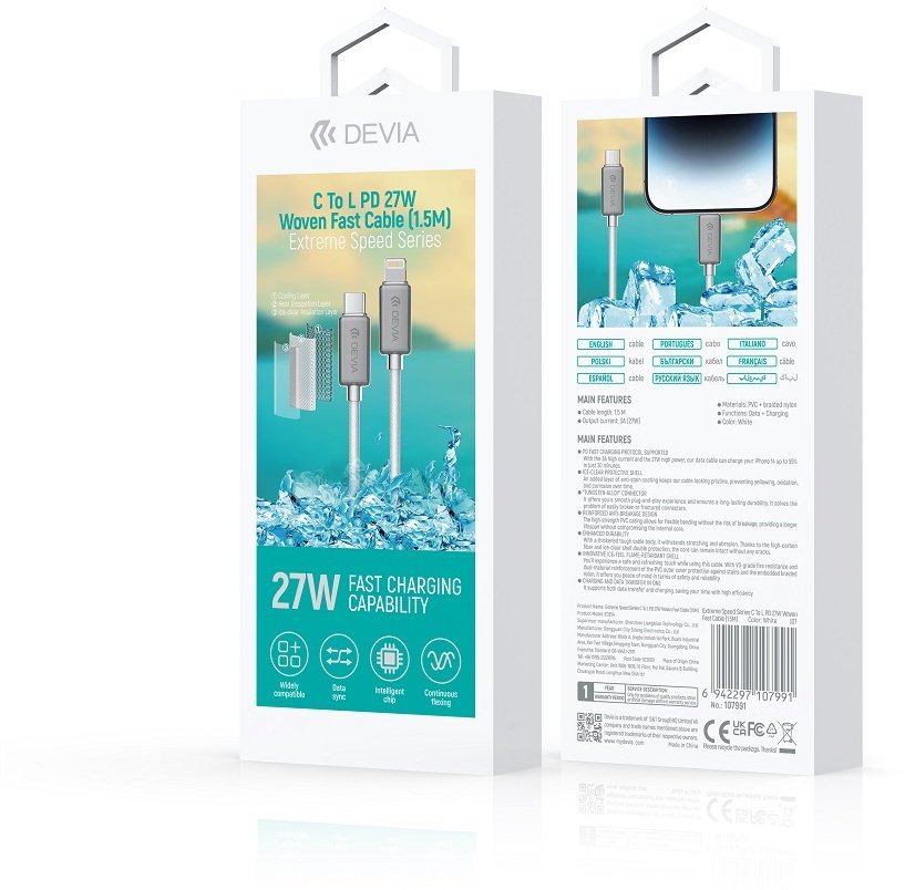 Devia kabel Extreme EC654 PD USB-C - Lightning 1,5 m 27W 3A biały