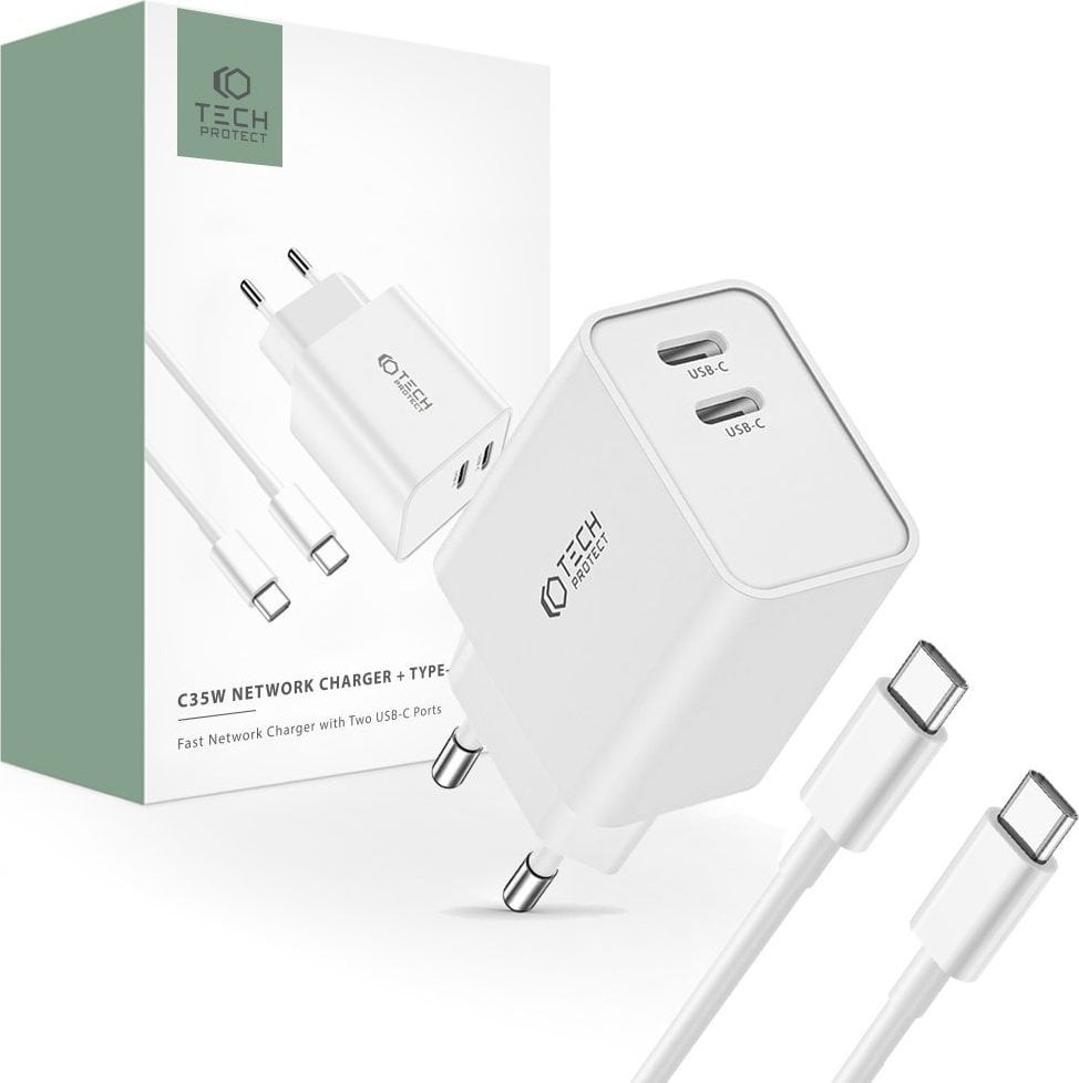 Ładowarka Tech-Protect TECH-PROTECT C35W 2-PORT NETWORK CHARGER PD35W + TYPE-C CABLE WHITE