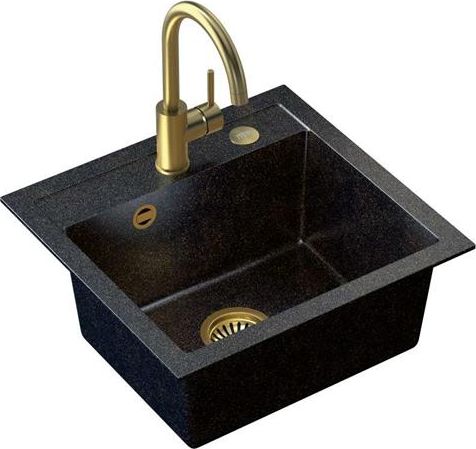 Zlewozmywak Steiner ART JOHNNY 110 (50x47x18,5) Steingran Art Gold Black Pearl z syfonem manualnym, baterią Naomi i zaślepką - czarny opalizacja złota