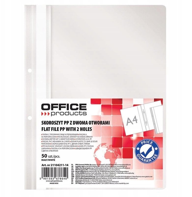 Skoroszyt OFFICE PRODUCTS, PP, A4, 2 otwory, 100/1