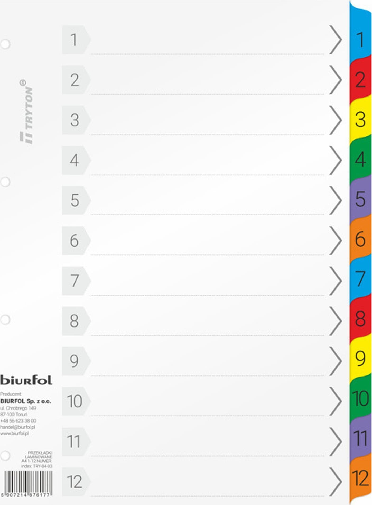 Biurfol Przekładki kartonowe Biurfol A4 1-12 numeryczne