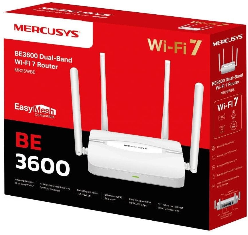 MERCUSYS MR25WBE EasyMesh WiFi7 router (BE3600, 2,4GHz/5GHz,1xGbEWAN,3xGbELAN)