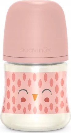 307831-BUTELKA SZKLANA 120ML/SMOCZEK FIZJOLOGICZNY SX PRO WOLNY PRZEPŁYW/SOWA RÓŻOWA/BONHOMIA