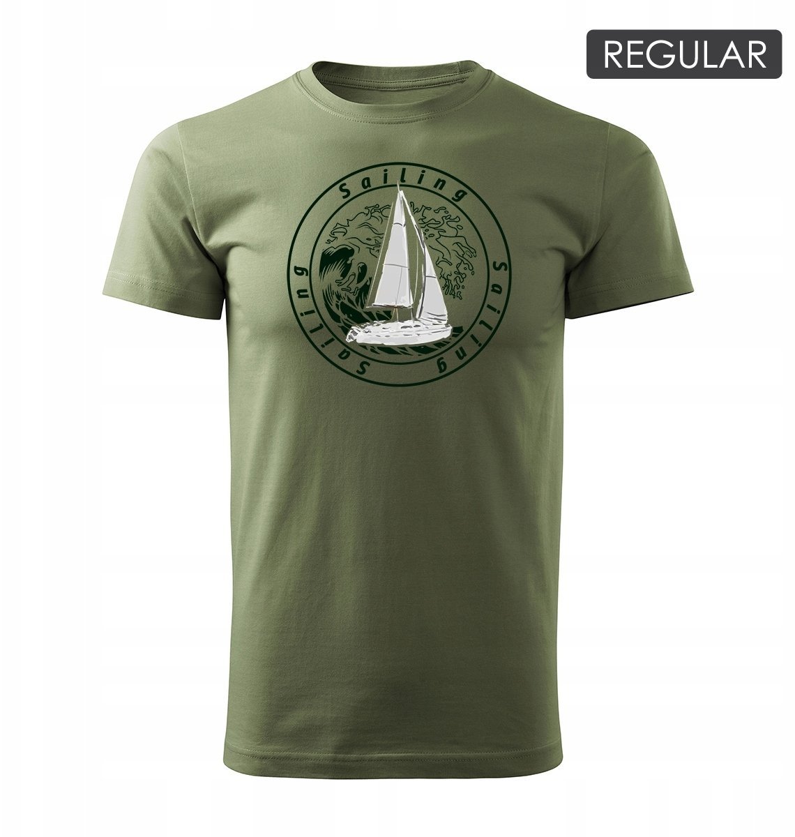 Koszulka żeglarska dla żeglarza z jachtem żaglówką męska khaki REGULAR S