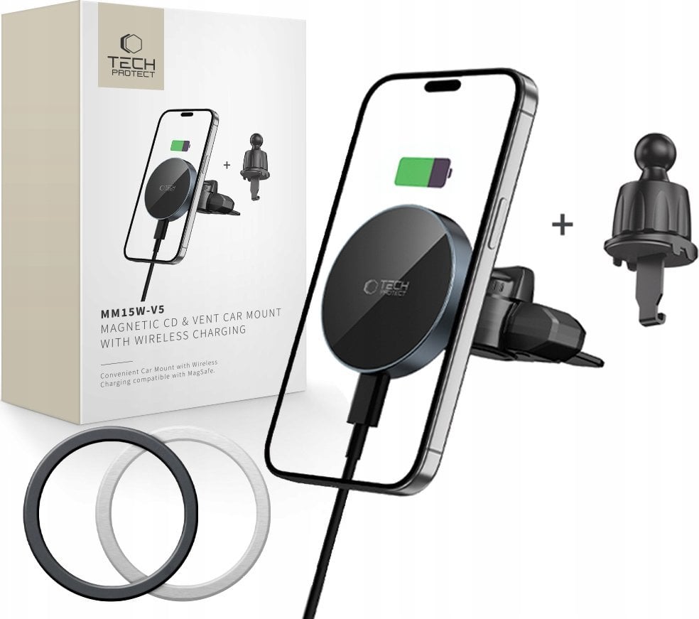 TECH-PROTECT MM15W-V5 MAGNETIC MAGSAFE CD & VENT CAR MOUNT WIRELESS CHARGER 15W BLACK/BLACK