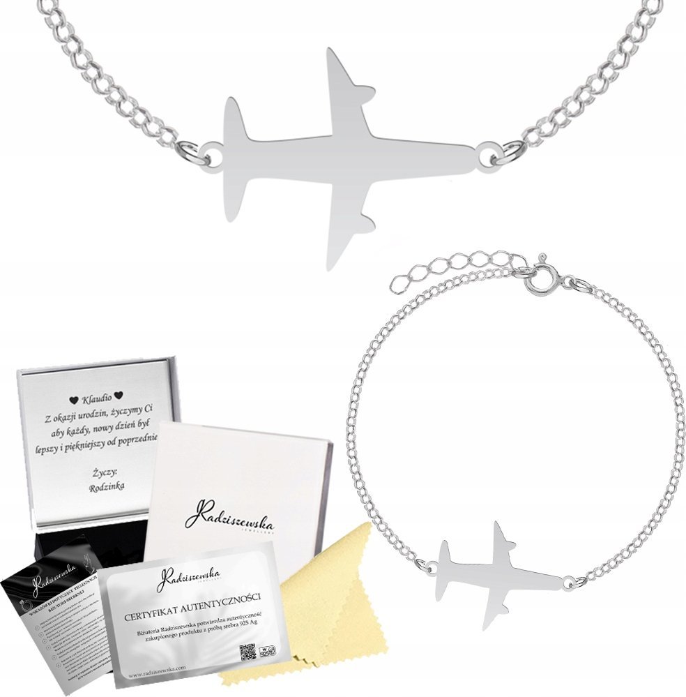 Radziszewska Jewellery Bransoletka Srebrna Samolot Łańcuszek Prezent Biżuteria 925 ŻYCZENIA GRATIS