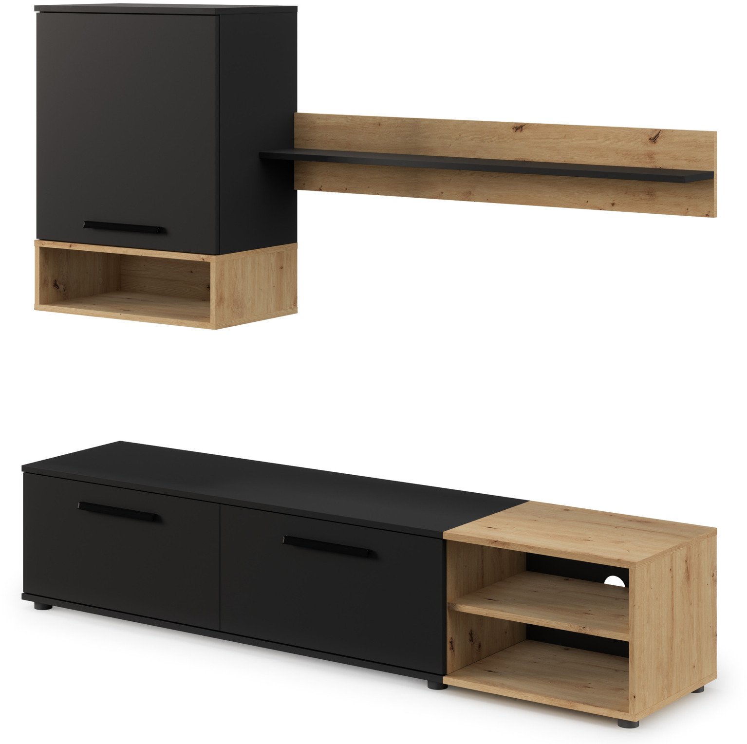 Meblościanka Vento 180 cm nowoczesny zestaw mebli RTV do salonu, matowa czerń i dąb artisan