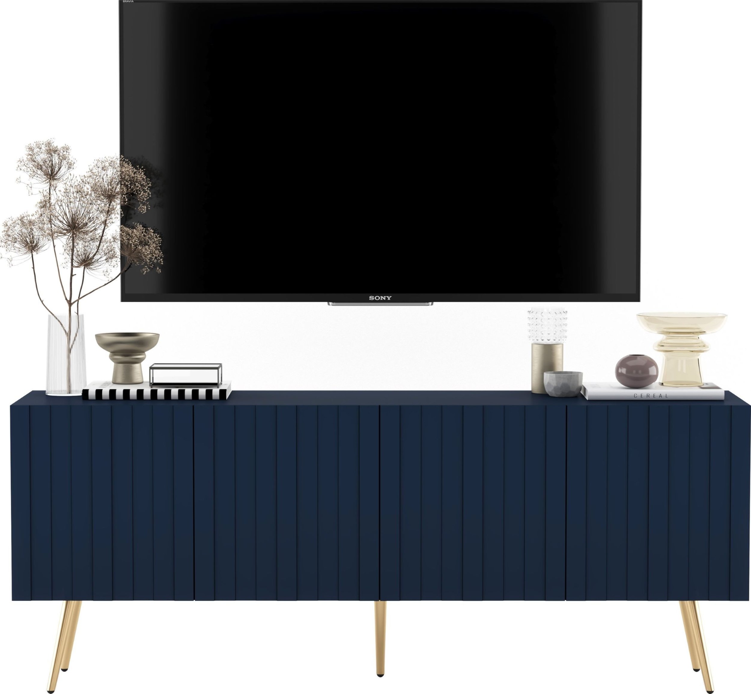 Meble Lindner Meble Lindner Komoda RTV Glamour Szafka RTV Glamour Granatowa 150 cm Ryflowane fronty Nogi Złote Metalowe