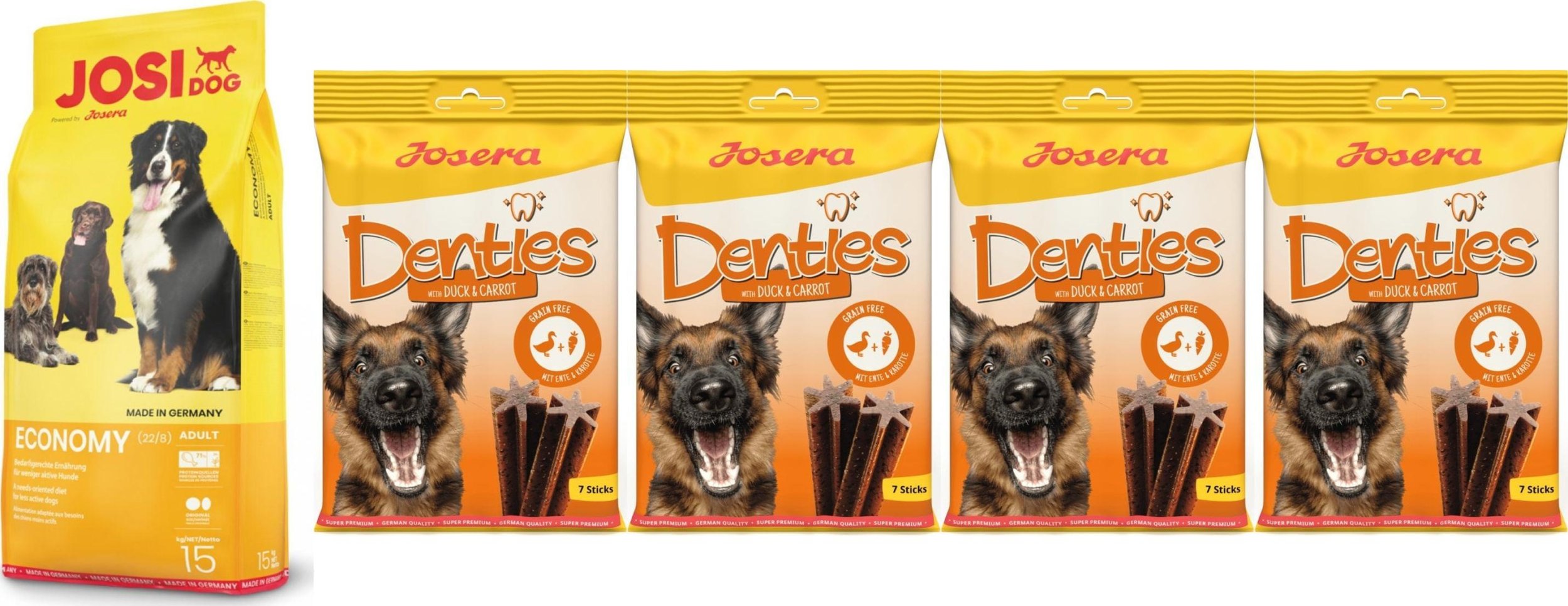 JosiDog JosiDog Economy 15kg + Denties z kaczką i marchewką 4 x 180g