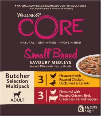 Core Small Breed Savoury Medleys Butcher Multipack, karma mokra, dla dorosłych psów małych ras, 3x 2 smaki, 6x85g/510g