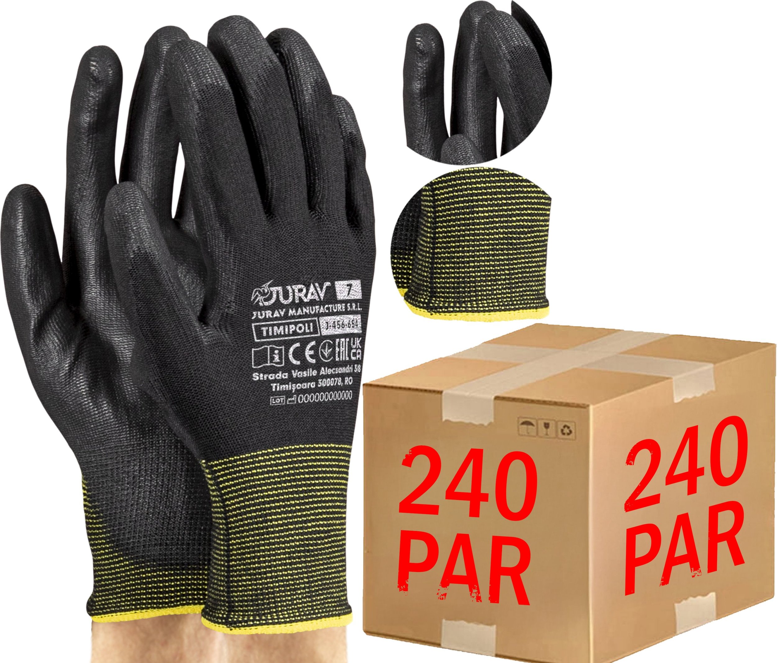 Rękawice Robocze Czarne J-TIMIPOLI_BB - 240 Par (7 - S)