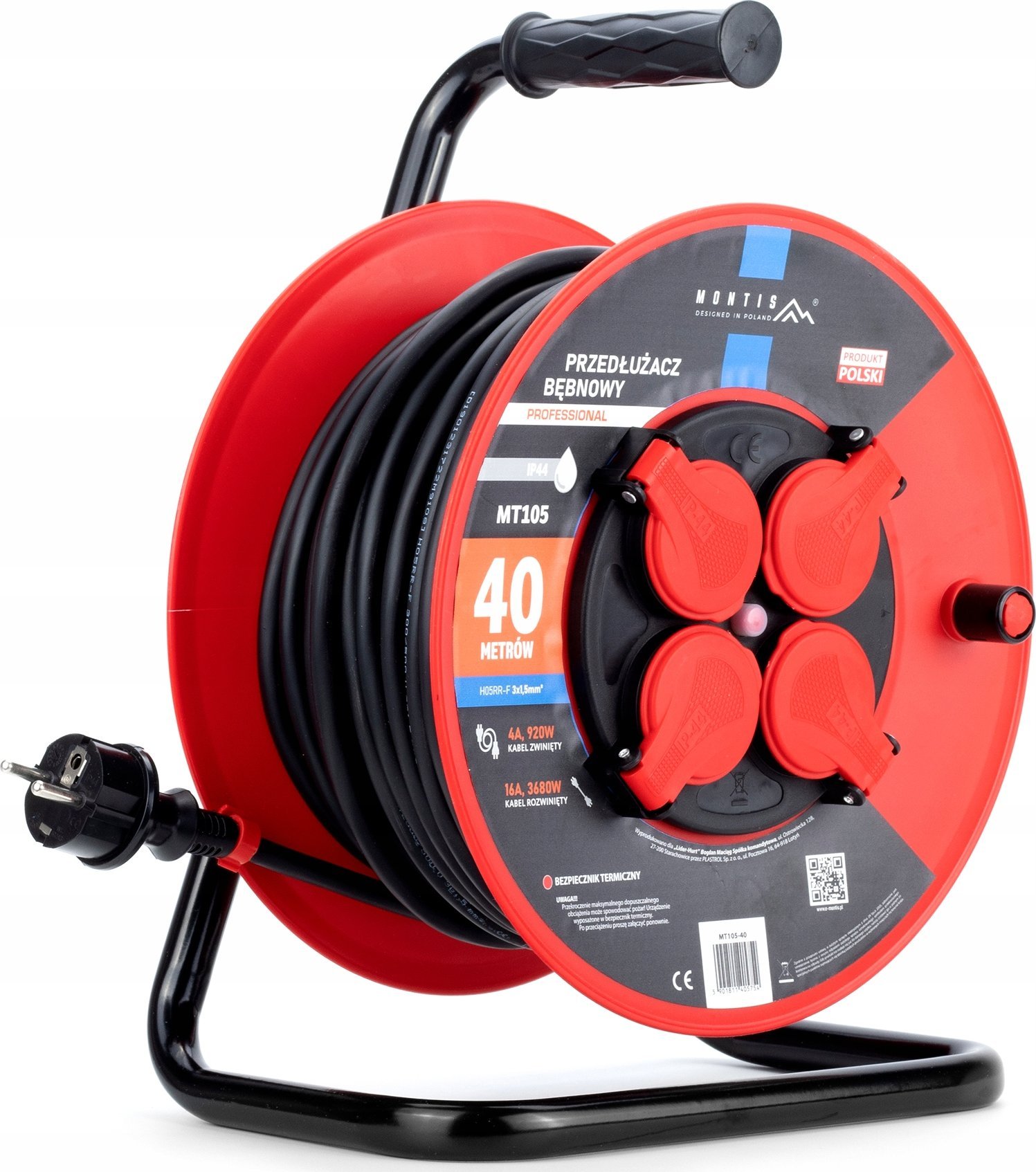 Montis Przedłużacz bębnowy PROFESSIONAL MT105-40 4x2p+Z IP44 16A 3680W 3x1,5 40m Montis czarny