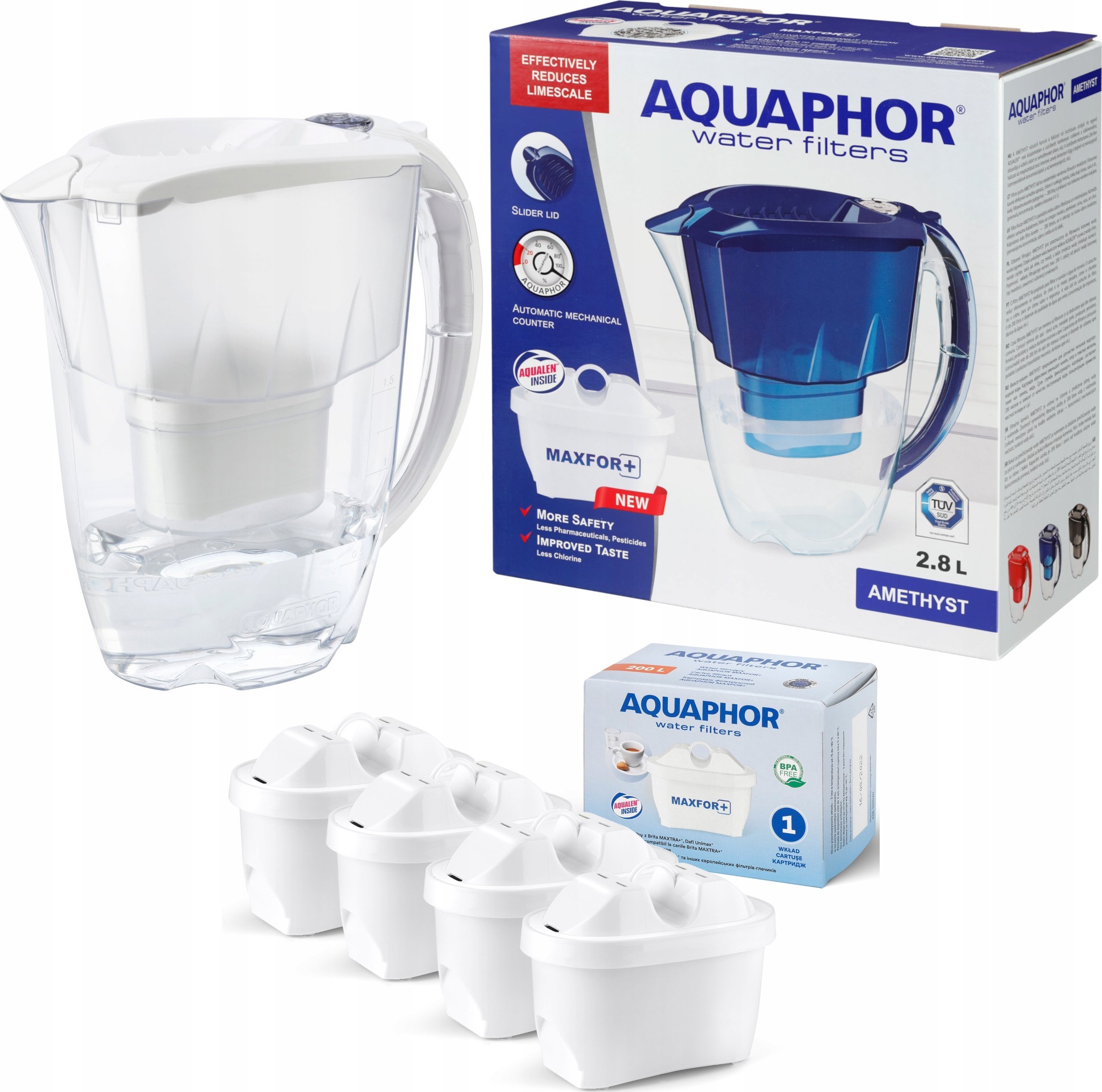 Dzbanek filtrujący Aquaphor Amethyst 2,8 l + 4 wkłady, biały