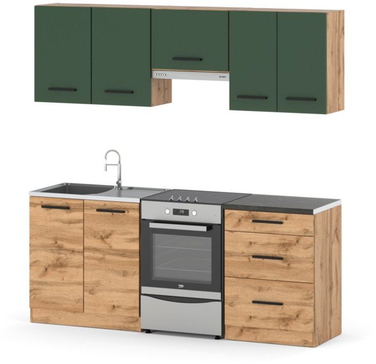Kuchnia Modułowa 2m Pojemna Nowoczesna Wotan Butelkowa Zieleń Dąb Wotan