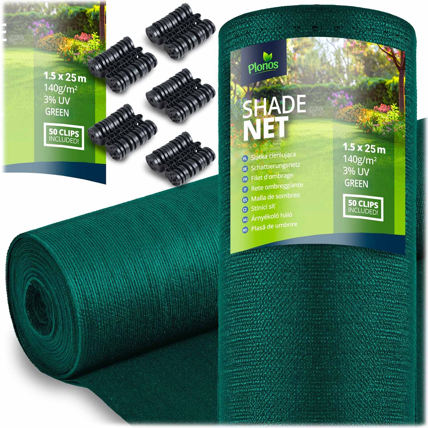 Siatka cieniująca 1,5x25m 140g/m2 + 50 zacisków zielona