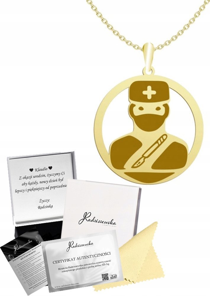 Radziszewska Jewellery Złoty Naszyjnik CHIRURG 925 Łańcuszek Prezent Służba Zdrowia GRAWER