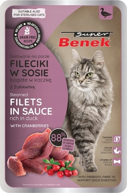 SUPER BENEK SASZ.KOT 85g FILETY W SOSIE Z KACZKĄ i ŻURAWINĄ /28