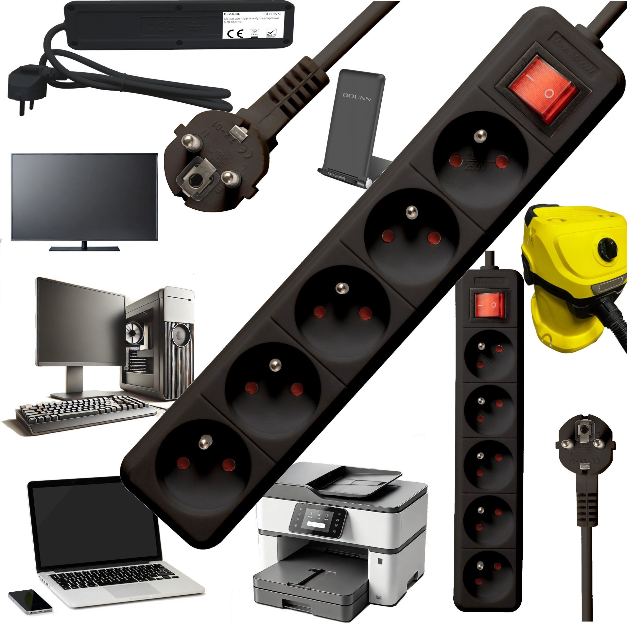 Listwa zasilająca Bounn BOUNN listwa zasilajÄca antyprzepiÄciowa 5 gniazd 5 m czarna 16A