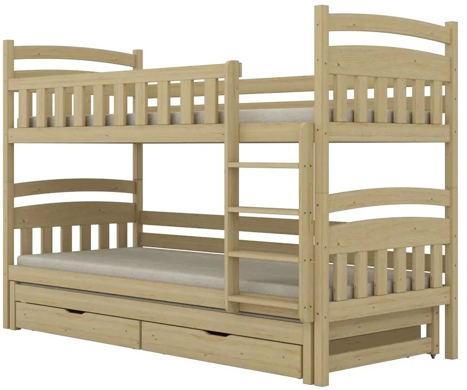 Łóżko piętrowe JULITA 200x80 sosna nielakierowana drewniane trzyosobowe z szufladami KOCOT KIDS