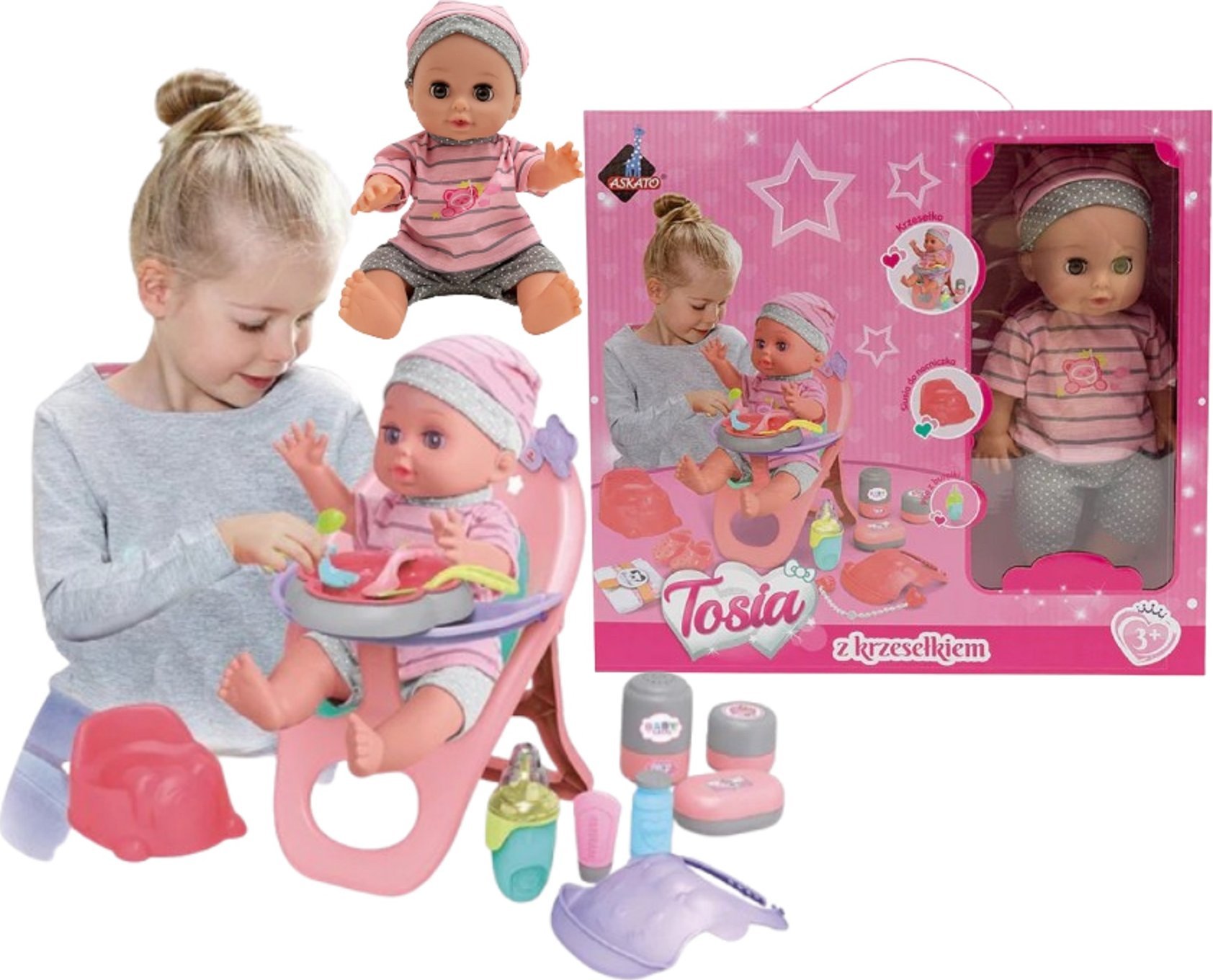 Askato Lalka Tosia z Krzesełkiem do karmienia z Akcesoriami
