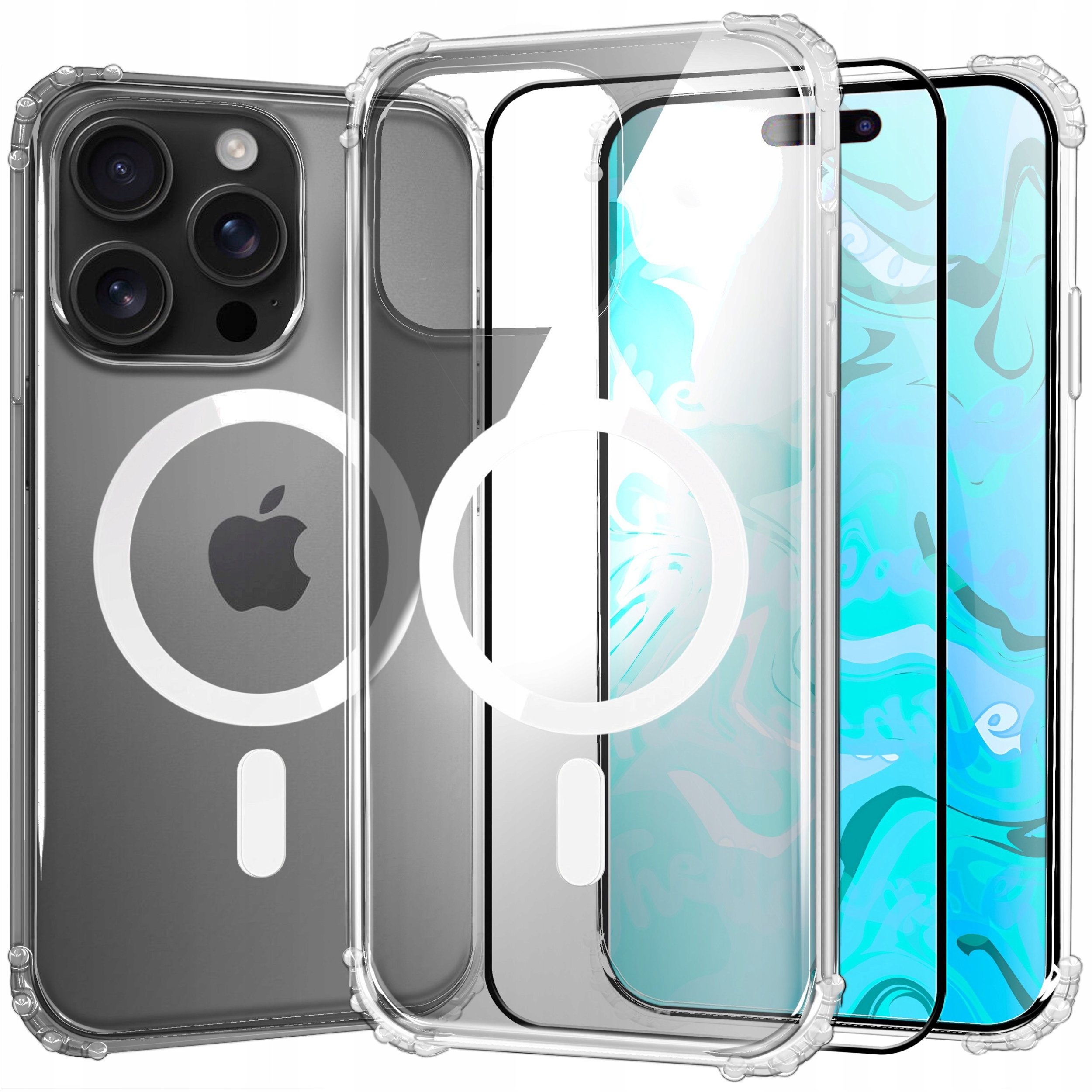 Etui Pancerne Do Apple iPhone 15 Pro (Do Magsafe, Przezroczyste) Szkło 9H