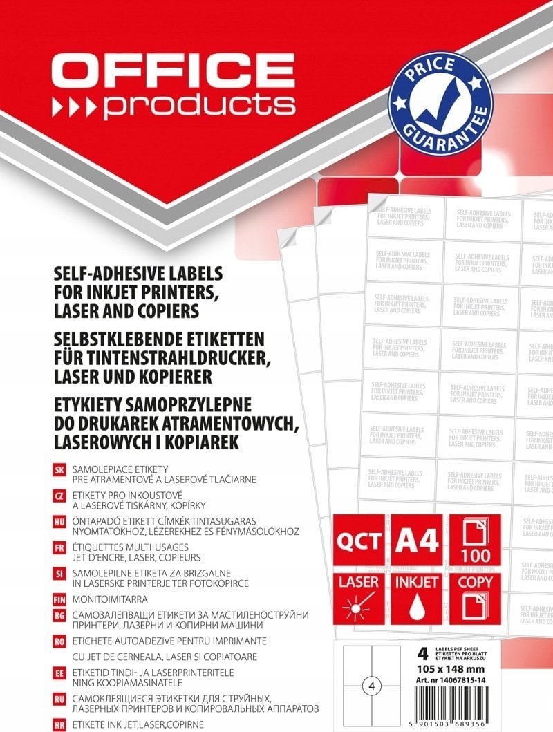 Office Products Etykiety OFFICE PRODUCTS, 105x148mm, białe, 100 ark.