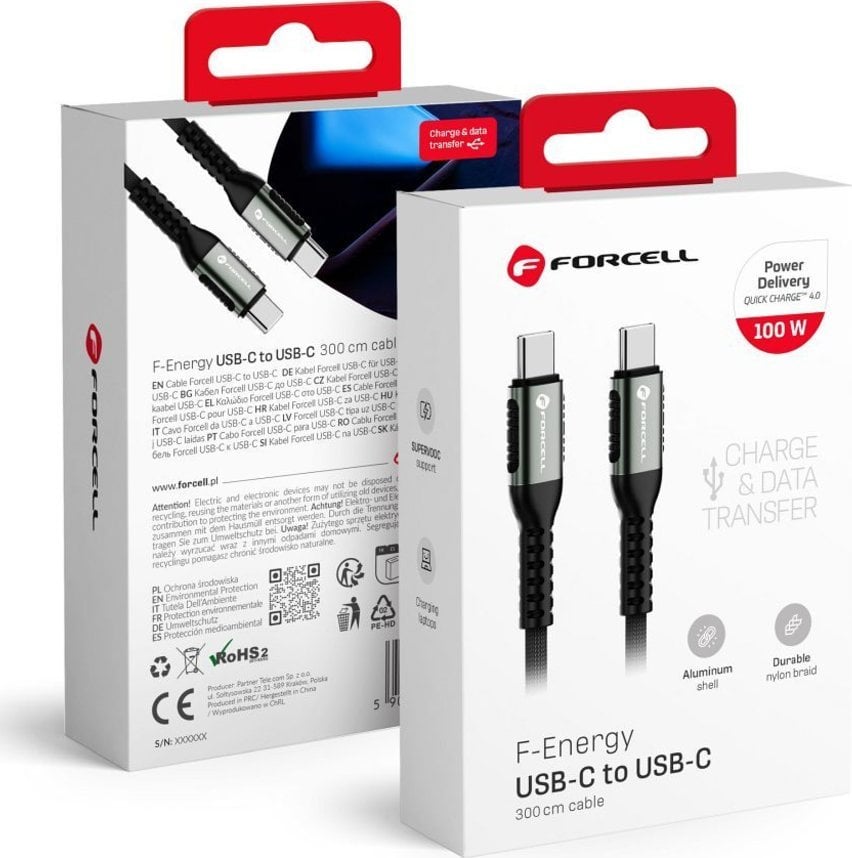 Kabel USB ForCell USB-C - USB-C 3 m Czarny