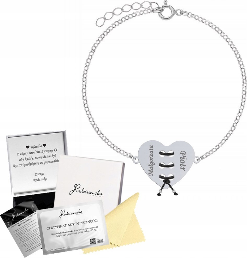 Radziszewska Jewellery Bransoletka Srebrna Serce Wiązane 925 Prezent GRAWER DEDYKACJA GRATIS