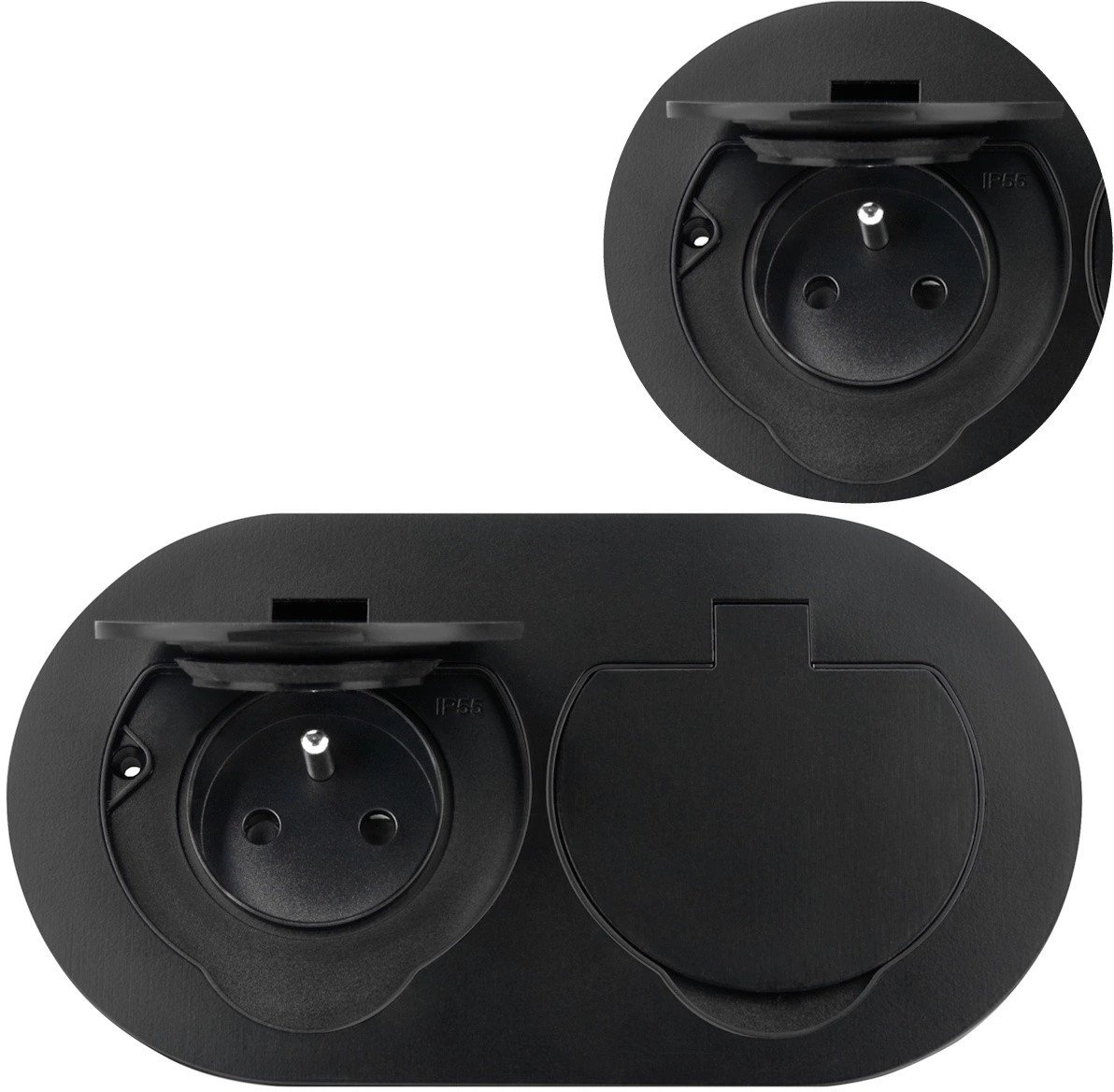 Hermetyczne gniazdo elektryczne podwójne, owalne, IP55, 2x2P+Z(French), czarne