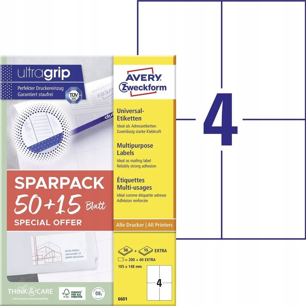 AVERY Etykiety uniwersalne białe z Ultragrip +30% dodatkowej zawartości 105x148 mm (65 ark x 4 stk.)