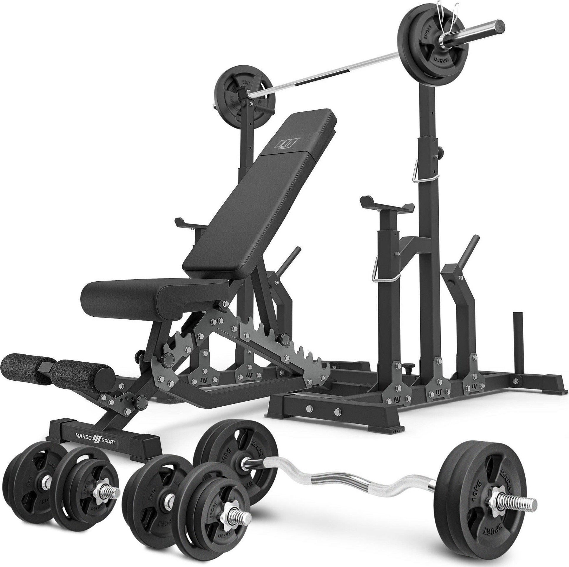 Zestaw MS2_2.0_113KG | Ławka dwustronna + stojaki regulowane + zestaw gryfów i obciążeń 113 kg - Marbo Sport