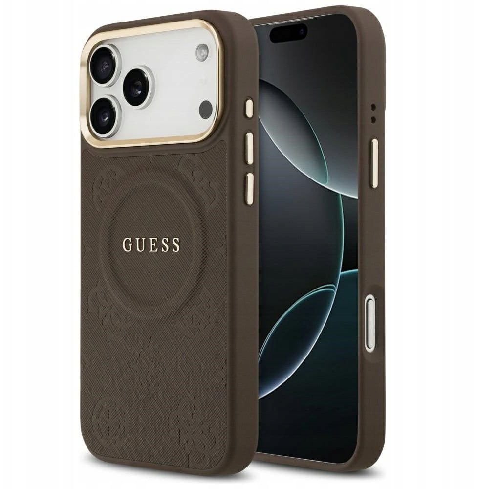 Guess Etui Peony Hot Stamp MagSafe do iPhone 17 Pro Max brązowy