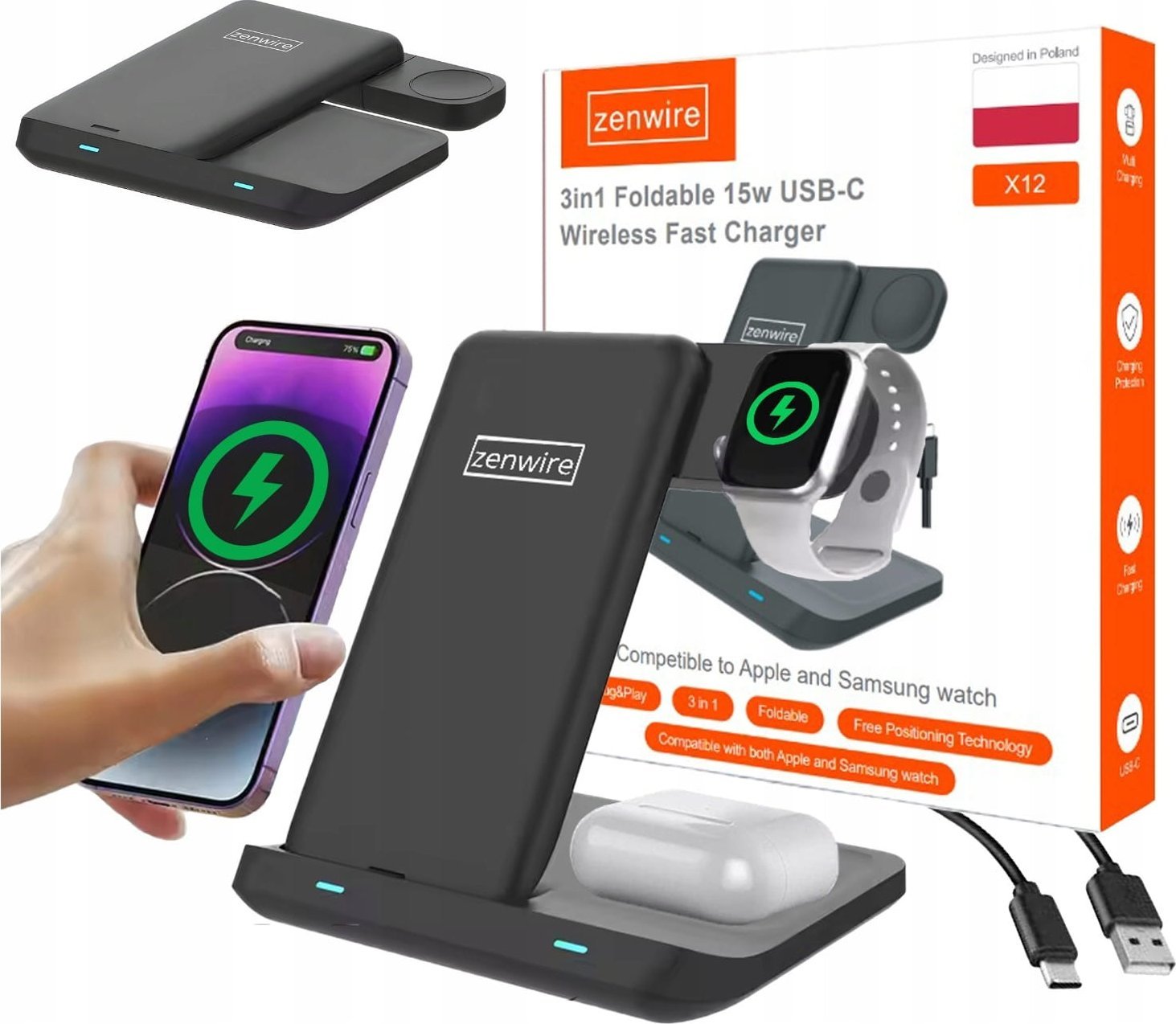 Ładowarka Bezprzewodowa 3w1 USB-C Indukcyjna do Telefonu Smartfona Zegarka Watch Słuchawek TWS Airpods Buds Zenwire X12