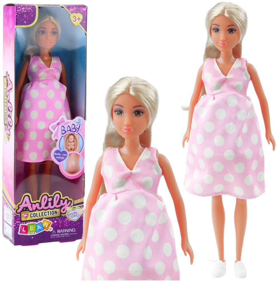 Lalka Anlily W Ciąży Jasno Różowa W Kropki Sukienka Długie Włosy LEAN Toys
