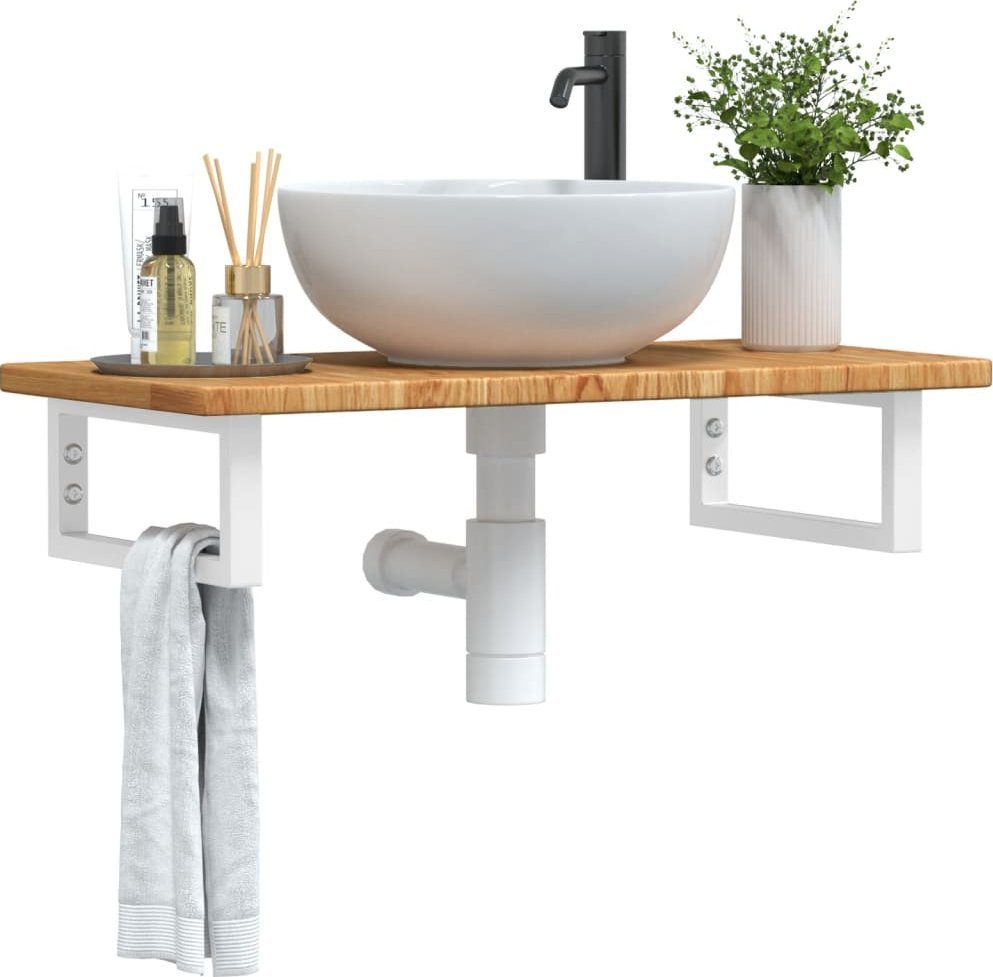 vidaXL Półka ścienna pod umywalkę, stal i lite drewno dębowe